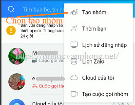 Menu tạo nhóm zalo trên điện thoại