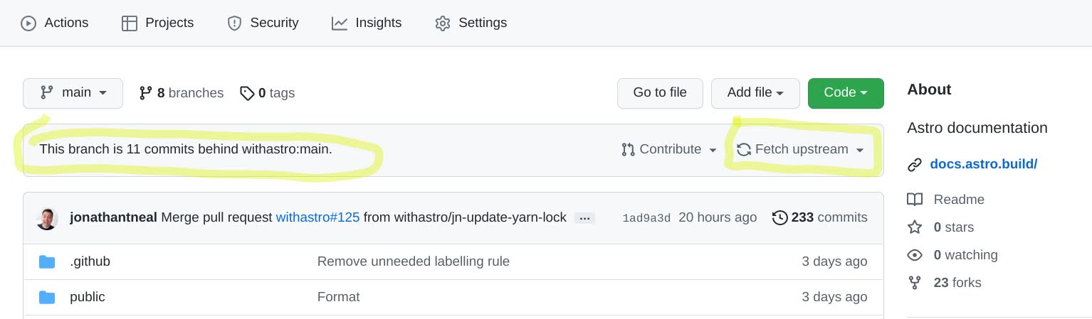 The main page of a forked, local repository showing This branch is 11 commits behind as well as Contribute and Fetch upstream options