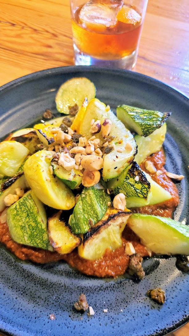 Ken's Artisan Pizza Wood Oven Roasted Vegetable Plate: summer squashes, hazelnut romesco, fried capers