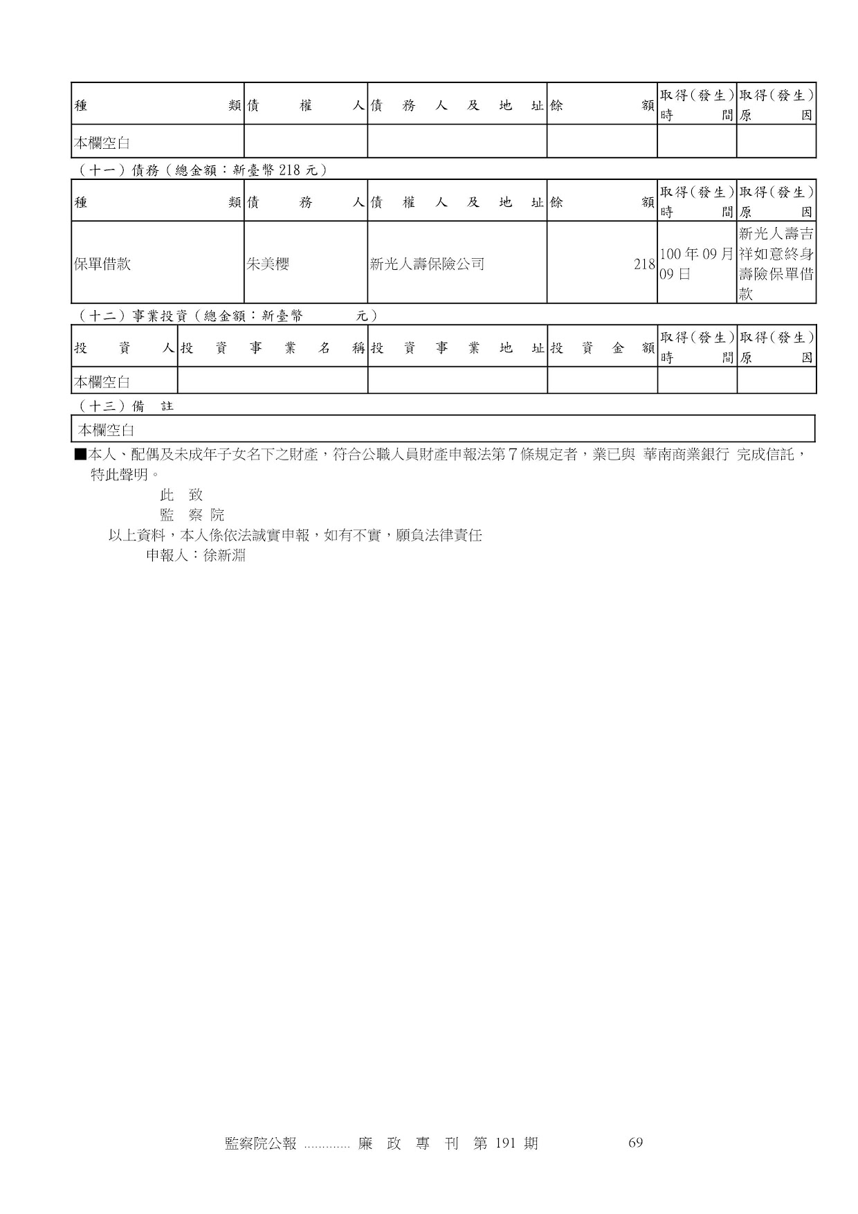 徐新淵-公職人員財產申報資料-廉政專刊第191期