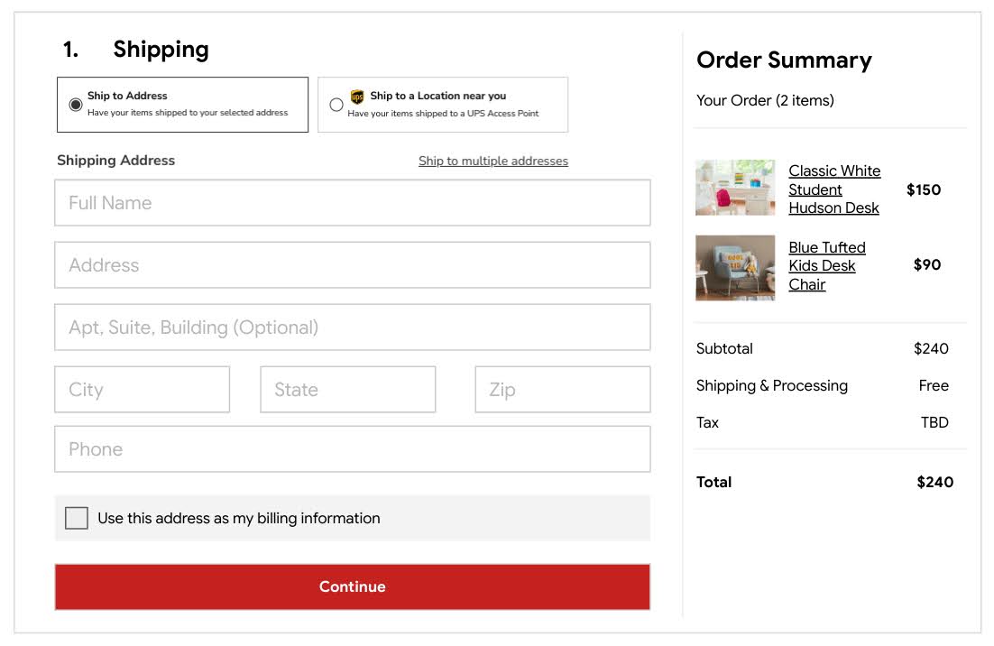 E-commerce checkout page for a kids’ desk and desk chair