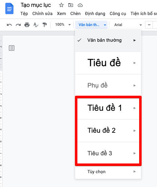 tạo mục lục trong google doc