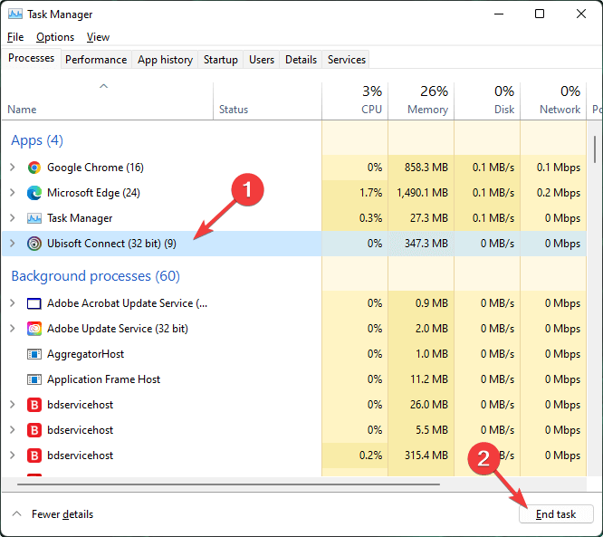 Locate the Ubisoft Connect, right-click on it, and then the End Task option from the context menu to close the Ubisoft.