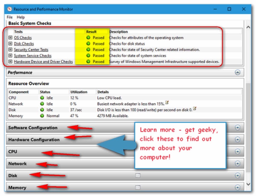 After approximately a minute or two, Performance Monitor app will start to generate a health report for your PC.
