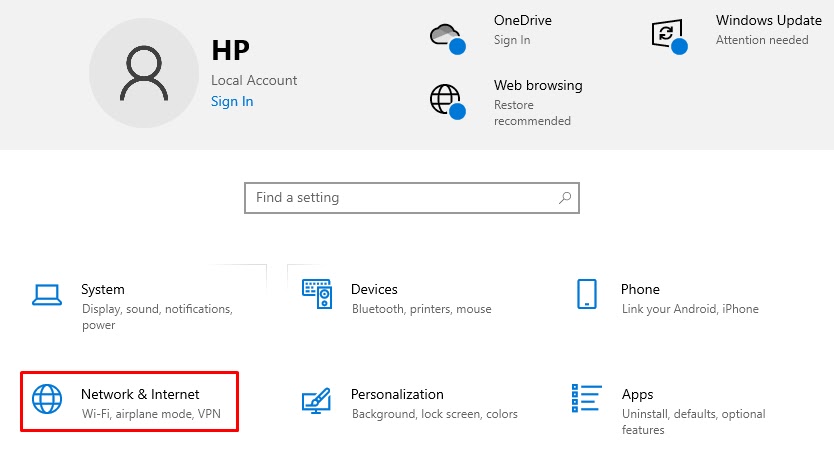 Go to the left pane and select Network & internet.