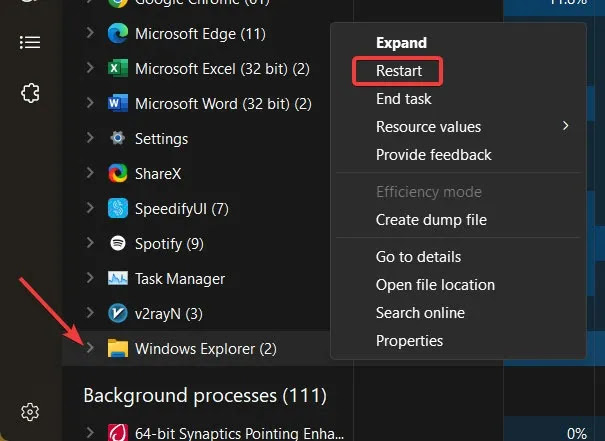 In the bottom right corner of Task Manager, click the button labeled Restart.