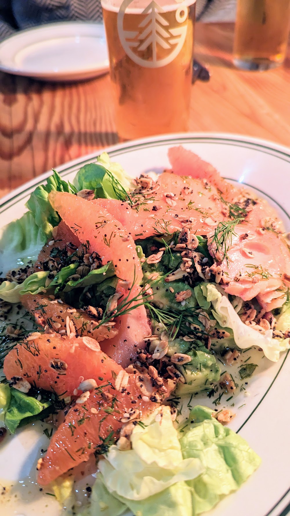 Old Growth Pale Ale by Grand Fir Brewing, paired with Cured MacFarland Springs Rainbow Trout, sour orange, avocado, bibb lettuce, dill, brewer's malt granola. Grand Fir Brewing and Breakside Collaboration Dinner