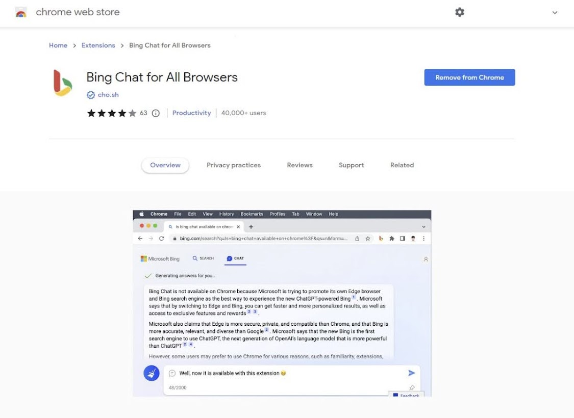 Visit the Bing Chat for All Browsers extension in Chrome Web Store or Firefox browser Add-Ons.