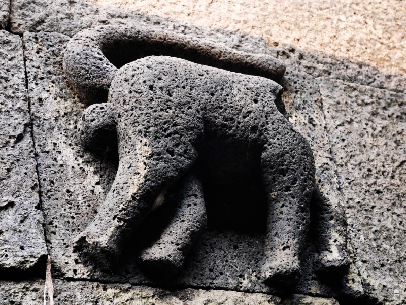 On both sides of the steps, there are two carved animals whose heads have disintegrated but the tails indicate that they may have been monkeys