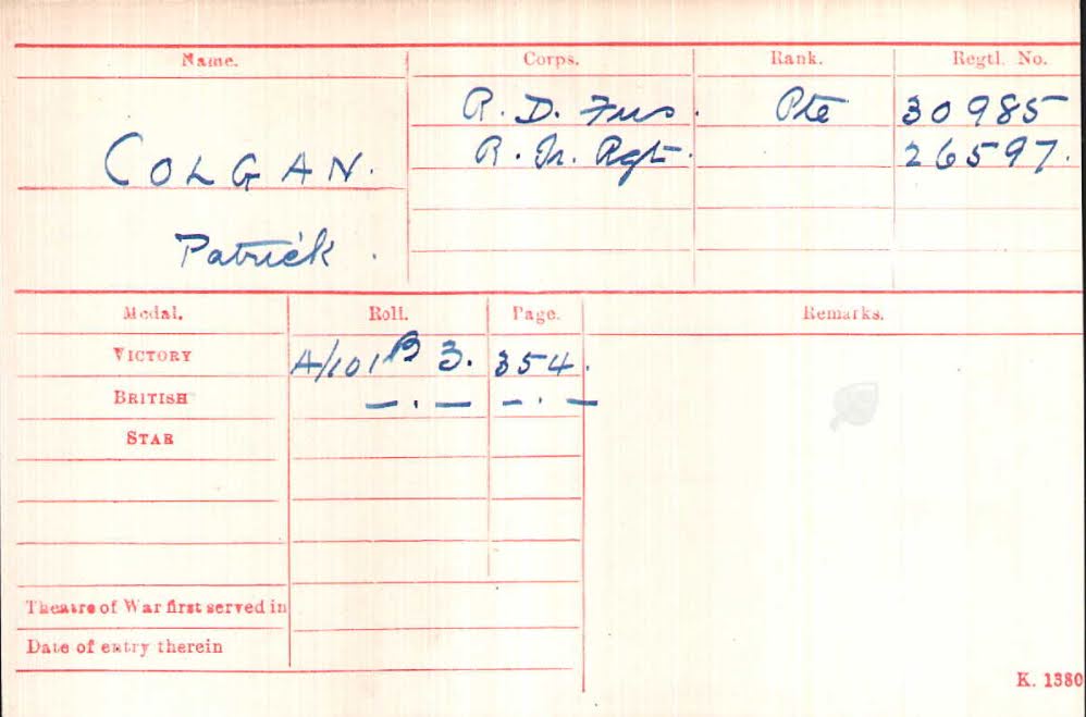 Patrick  Colgan Medal Index Card