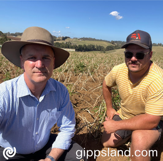 The Nationals Member for Gippsland South Danny OBrien with Mirboo North potato grower Jesse Giardina and a crop of damaged potatoes