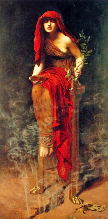 Sacerdotisa de Delfos (1891), de John Collier; a pítia se inspirava através do pneuma, os vapores que sobem na parte inferior da tela