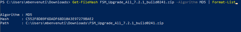 Download the update .zip file from the support portal https://support.fortinet.com and verify the checksum. For example from Windows Power Shell.