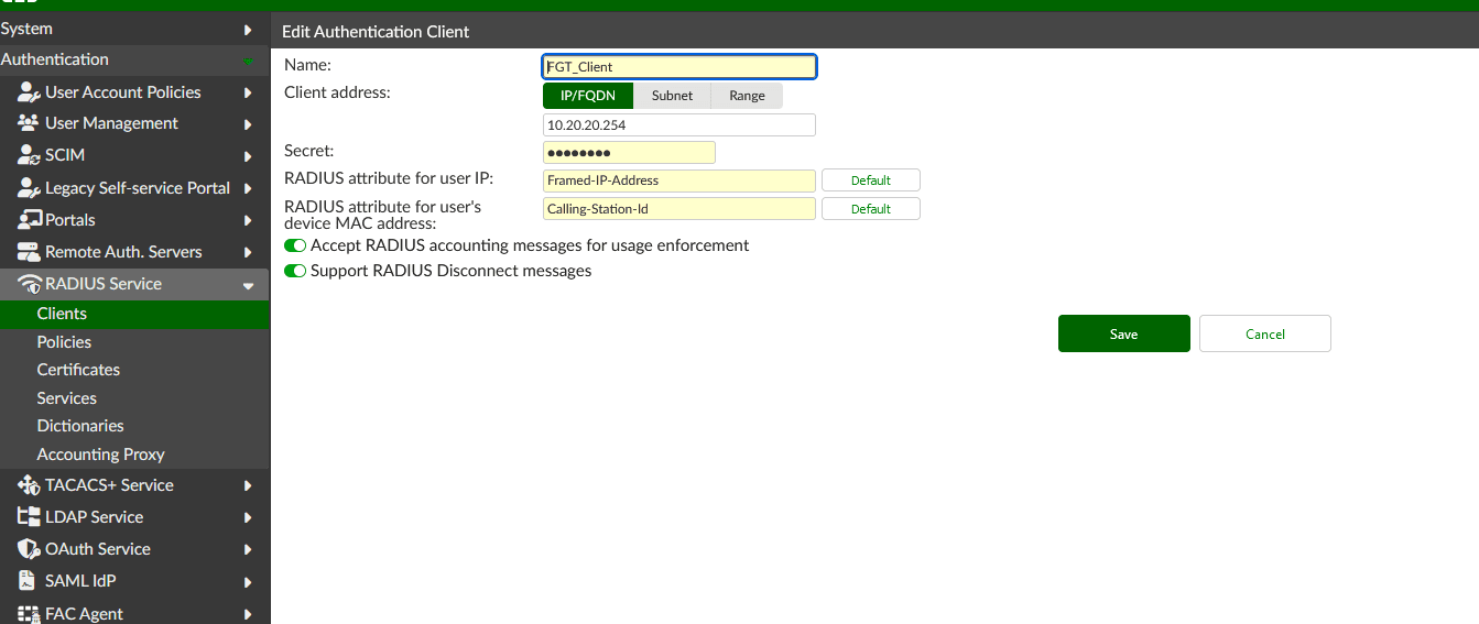 Configure RADIUS Client on FortiAuthenticator. Insert a name for the client, respective IP, and a secret code.