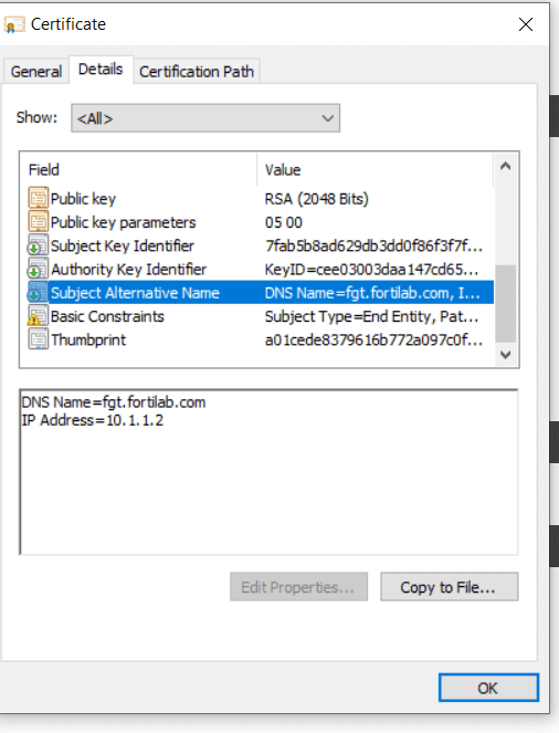 Once the certificate is exported, the SAN fields will appear as below.