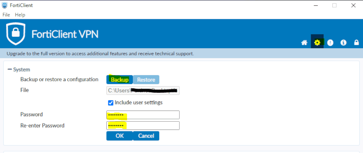 Backup the FortiClient configuration to a file as shown below. Remember the password because it will be necessary when restoring the configuration file later.