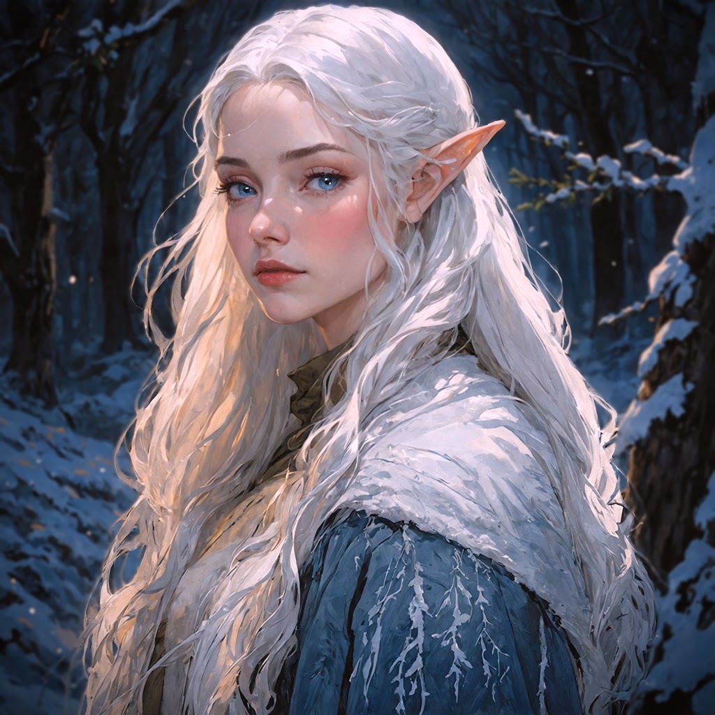 An elven woman with silver hair and blue eyes