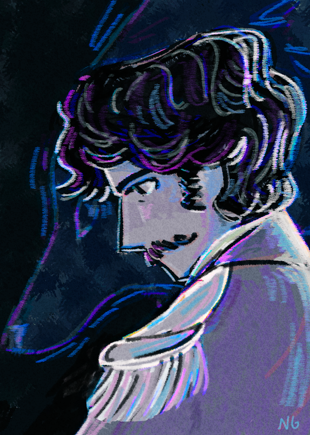 Illustration of Nathaniel looking down, a wolf siluette is behind him