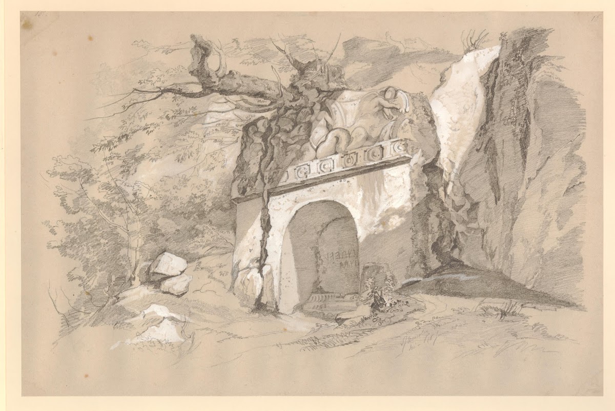 Samuel James Ainsley, Tomb called 'La Fontana' at Sovana, 1843, Graphite, heightened with white, on grey paper. Collection British Museum