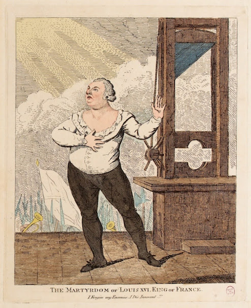 O Martírio de Luís XVI, Rei de França — perdôo os meus inimigos, morro inocente!!! , gravura de Isaac Cruikshank, 1º de fevereiro de 1793