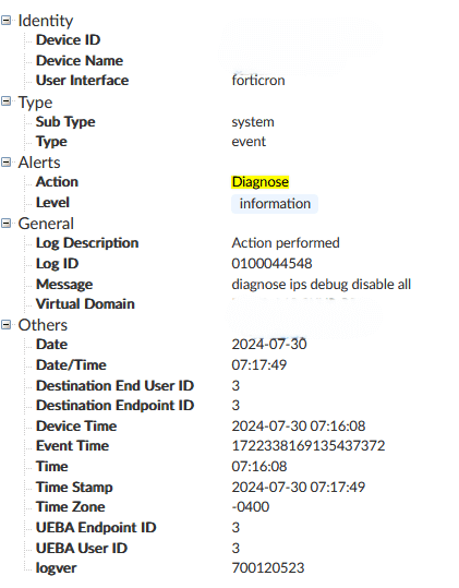 Log Entry for diag ips debug disable