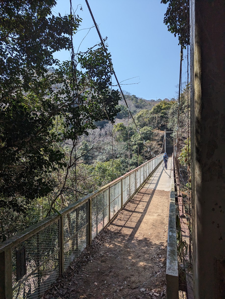 鍋蓋山やまから、一気にくだりようやく谷底かと思ったら、天王吊橋がありました。
有馬街道の頭上、菊水山と鍋蓋山の丁度間に架かる吊り橋でハイカーの為にと作られた吊り橋だそうです。
ここから再び急騰をぐんぐん登って行きます。汗だくです。