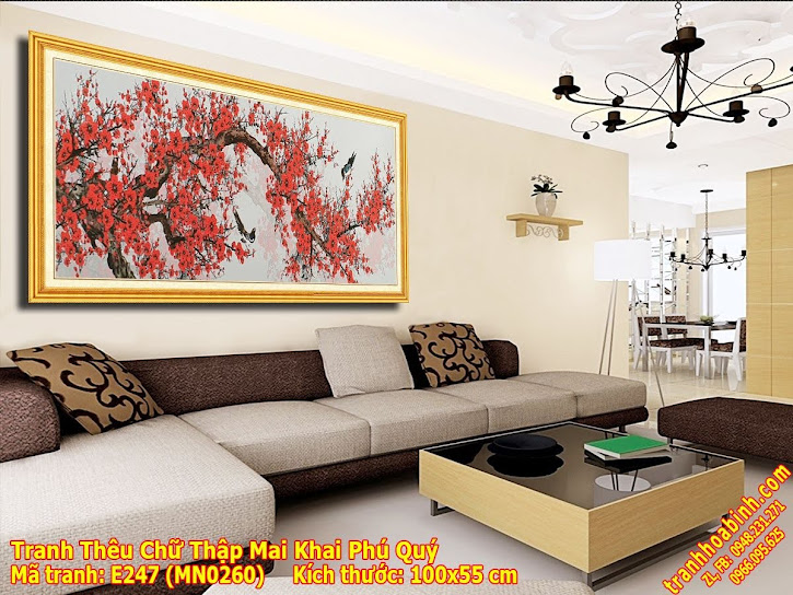Tranh thêu chữ thập Mai Khai Phú Quý