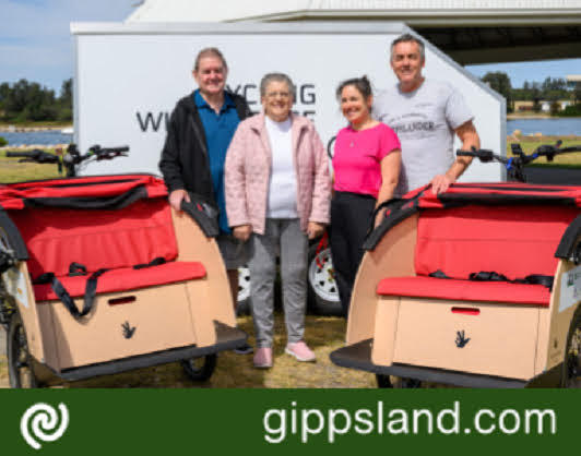 Tony and Averil Van Vugt, Gippsland Lakes Complete Health Marketing and Communications Manager Laura Poole and Cycling Without Age Gippsland chair Darren Chester