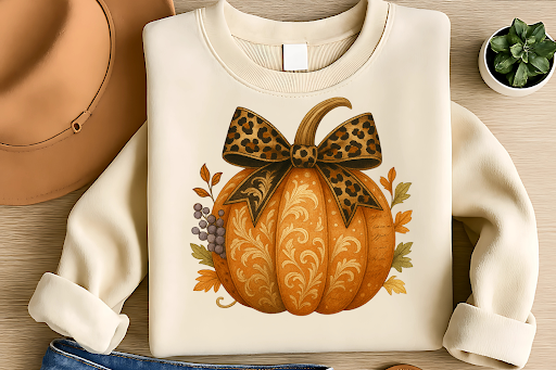 Fall Leaves Pumpkin Design T-shirt Design for sublimation printing, perfect for autumn fashion