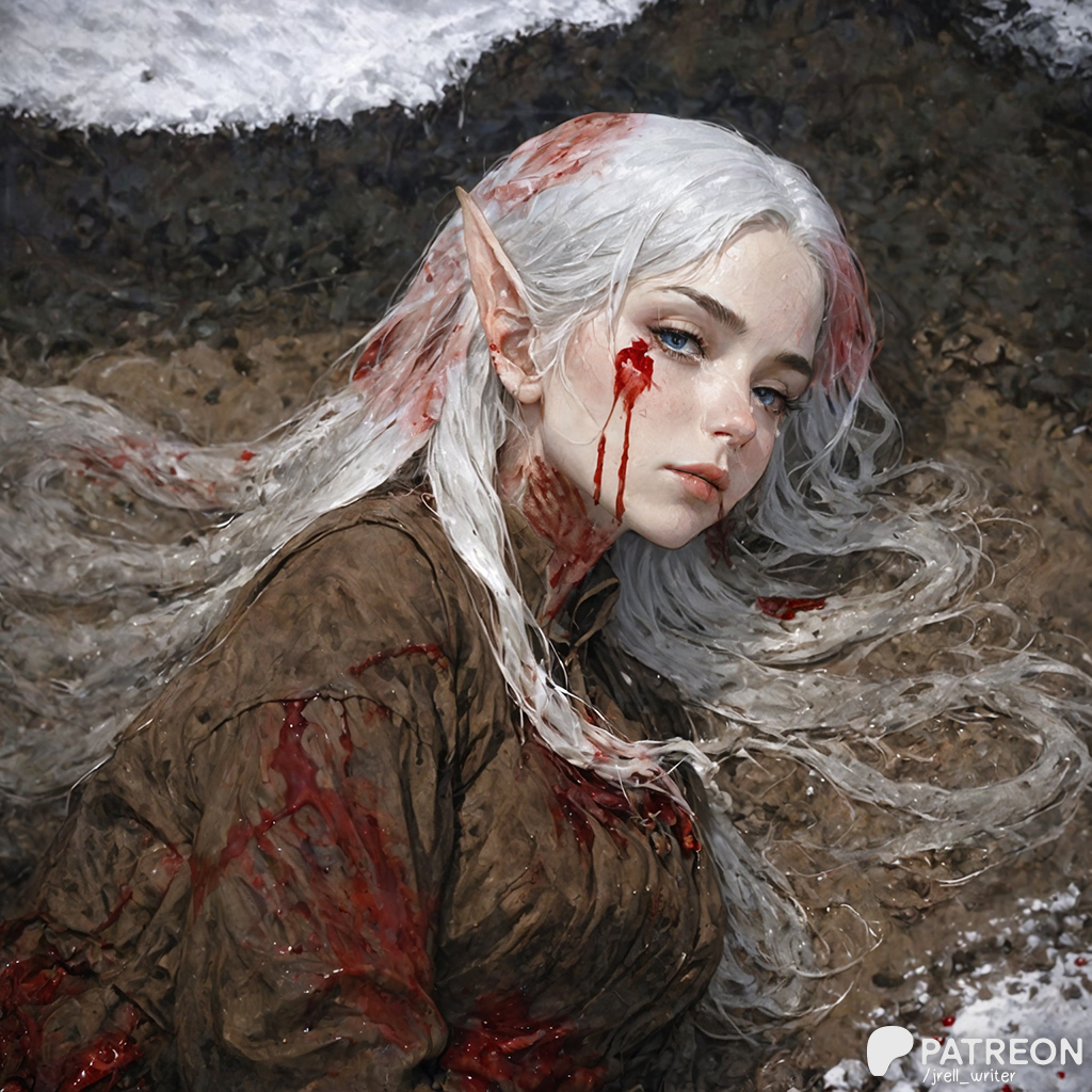 An oily portrait of Nivalis lying on the ground, in the mud. Blood covering her clothing and hair.