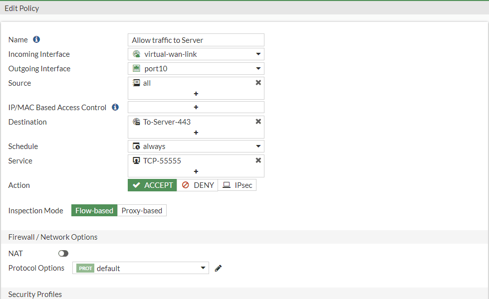 On the Firewall Policy, the configuration shows that the 'Service' field has been specified to use TCP port 55555 and allow the traffic to the Virtual IP configured.