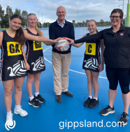 The Nationals Member for Gippsland South, Danny O'Brien is encouraging local football and netball clubs requiring facility upgrades to apply for funding through the Country Football and Netball Program. Pictured L-R: Lilli OBrien, Charli Paterson, The Nationals Member for Gippsland South Danny O'Brien, Myah Paterson and SNA representative netball coordinator Sheree Pape