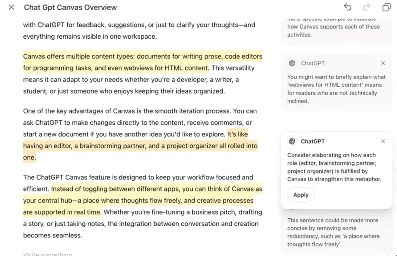 Go to the magic pencil icon in the bottom right corner and select 'Suggest Edits.' ChatGPT will offer inline suggestions and feedback that you can apply with a single click.