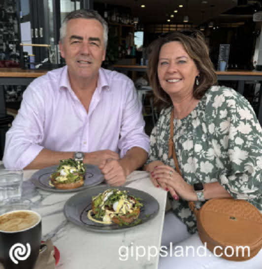 Federal Member for Gippsland Darren Chester and his wife Julie Chester at Cafe Evviva in Traralgon