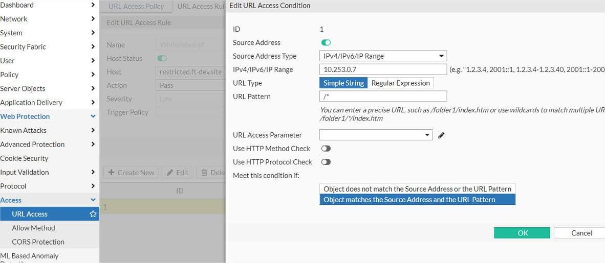 Go back to the URL Access page and create another URL Access rule that allows specific IP address to access the restricted host. The new rule should use the action 'Pass'. In the URL matching rule, enable the Source Address option and insert the allowed IP address. The wildcard URL matching pattern is used to match all URLs.