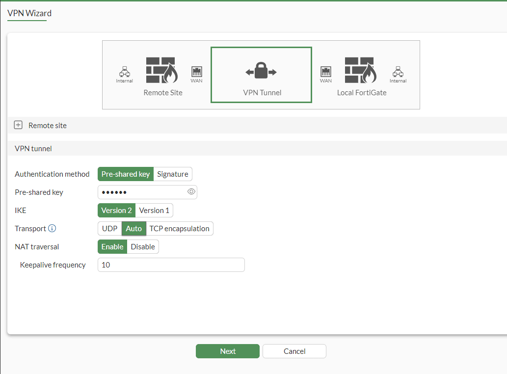 Configure authentication and select transport method: UDP/ Auto / TCP encapsulation.