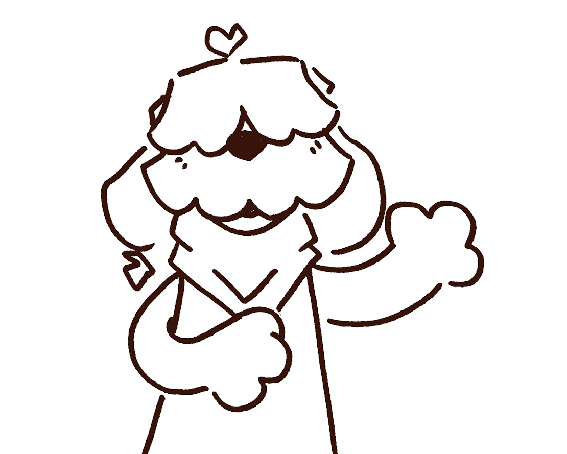 A black and white drawing of Mac waving and smiling