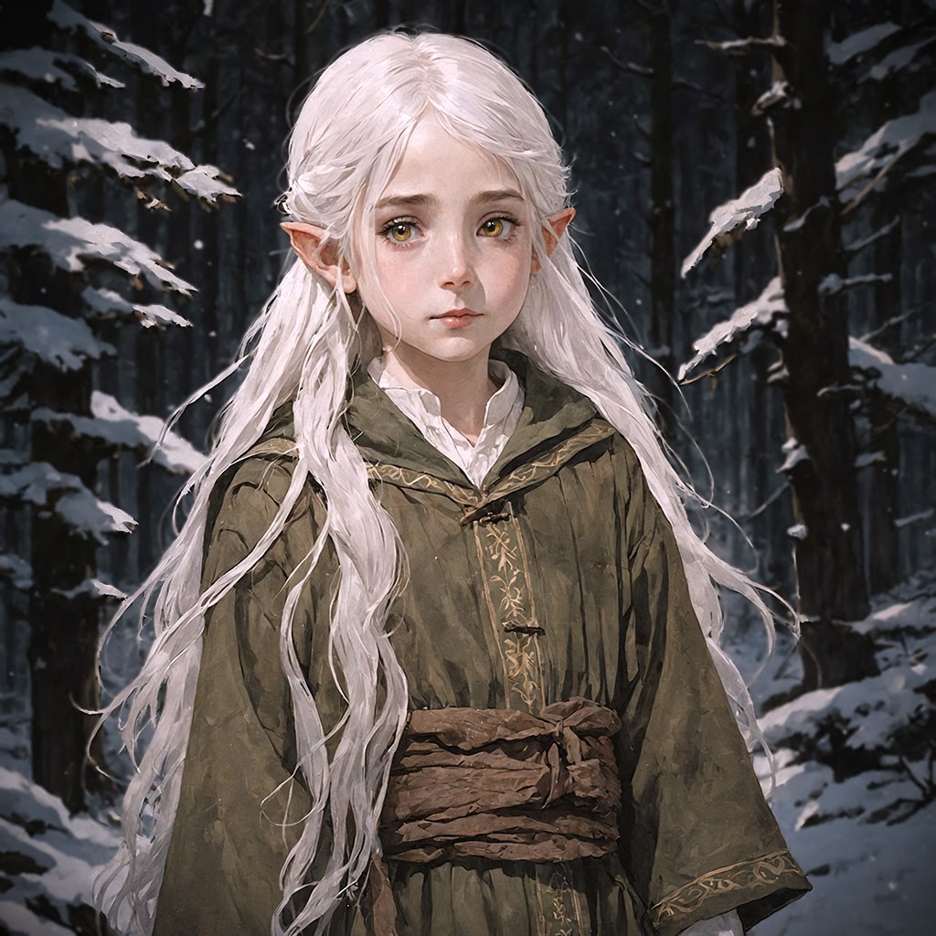 An elven 5-years-old girl with silver hair and golden eyes