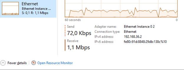 On host device 192.168.36.2, ~1MB are received.