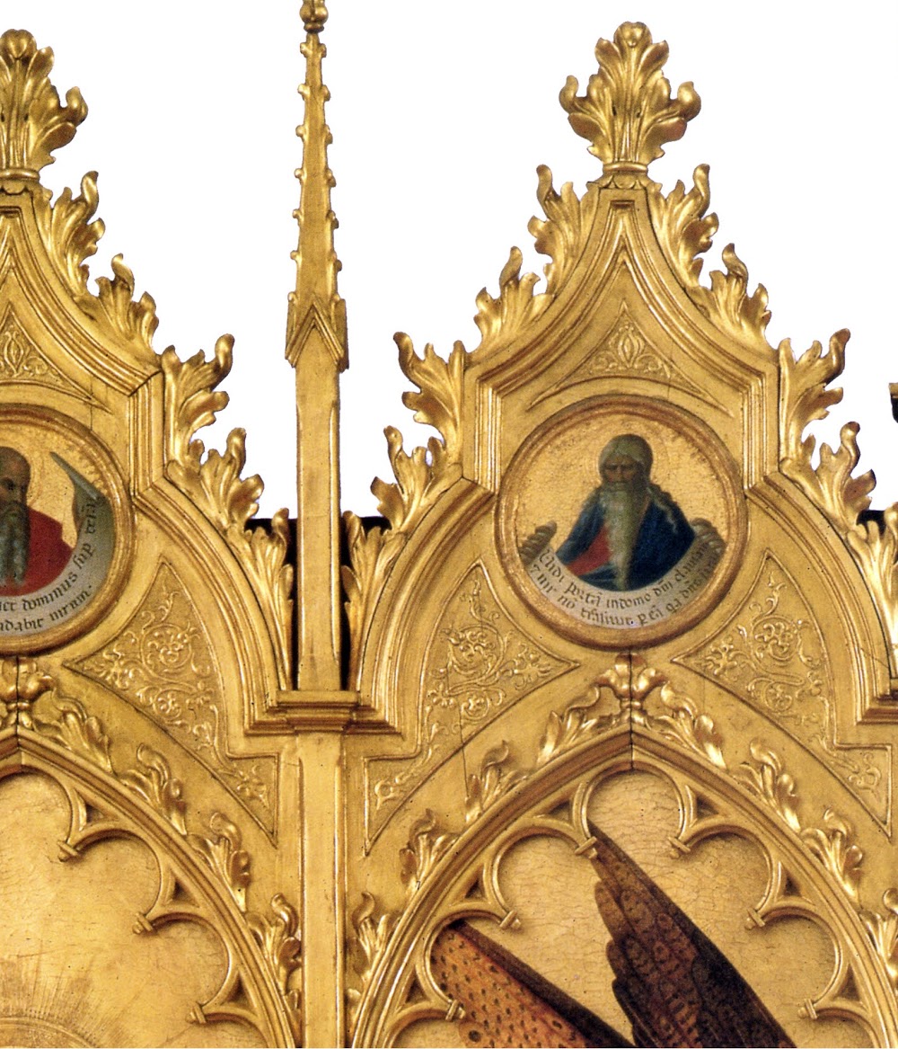 Simone Martini e Lippo Memmi, Annunciazione tra i santi Ansano e Massima (tondi dai quali si affacciano i profeti Geremia, Ezechiele, con cartigli che alludono al mistero dellIncarnazione.), 1333, Galleria degli Uffizi, Firenze