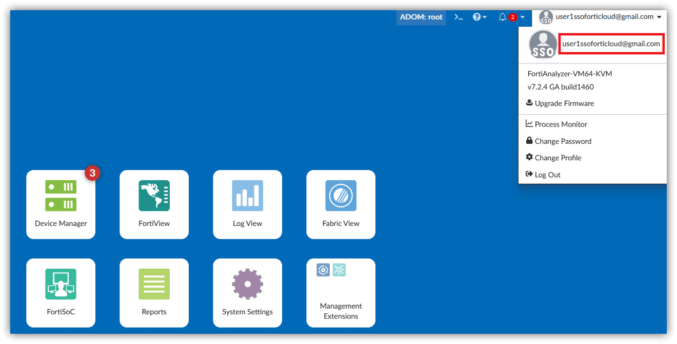 After verifying the IAM user email, log in from FortiAnalyzer/FortiManager using SSO FortiCloud.