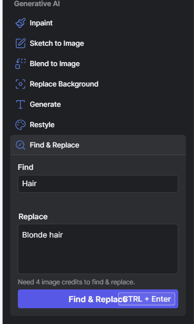In 'Find', input 'hair'. In 'Replace', describe the changes you want to make, it could be a simple color change.