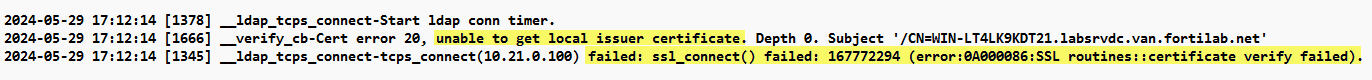 From the debug command logs, FortiGate fails to validate the server certificate: