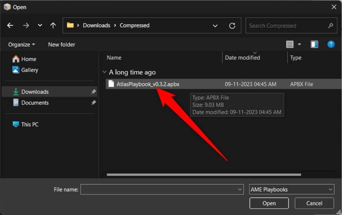 Select the AtlasPlaybook_v0.3.2.apbx file for loading; this may take a moment.