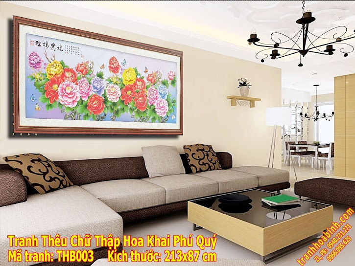 Tranh thêu chữ thập Hoa Khai Phú Quý mẫu đơn