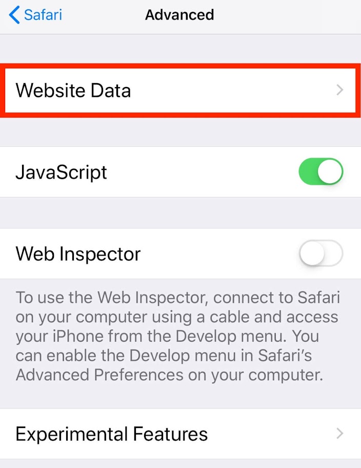 Tap Website Data to see a list of websites that have stored cookies or other data on your browser.