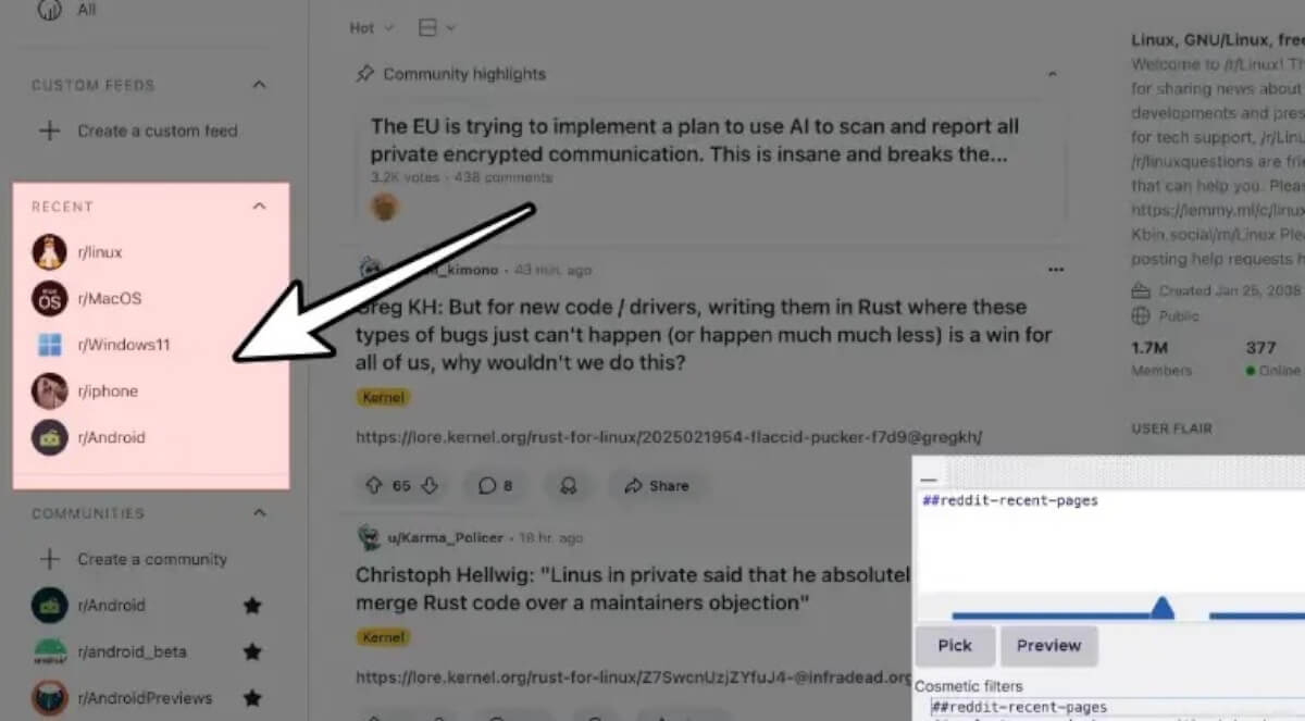 How Do You Remove Reddit's 'Recent' Section in Left Sidebar?