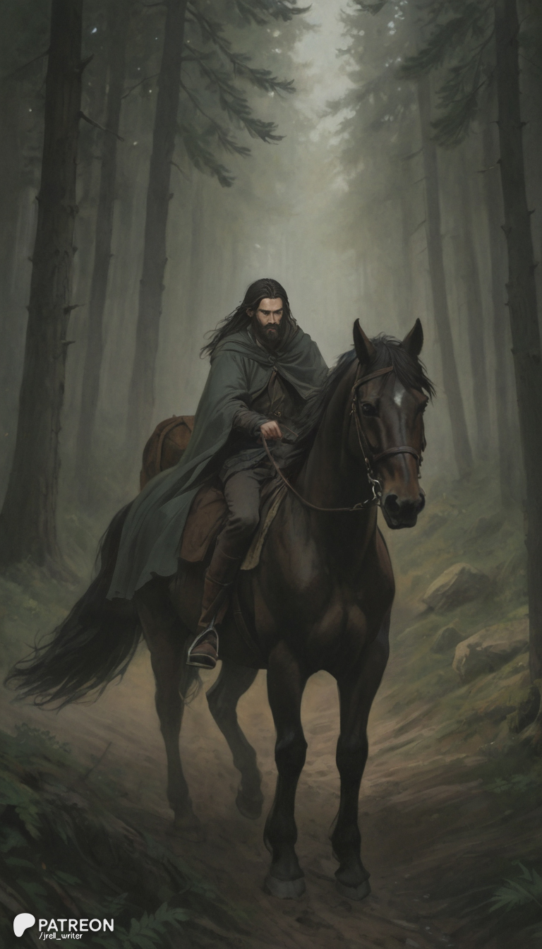 Haldor riding a horse, moody