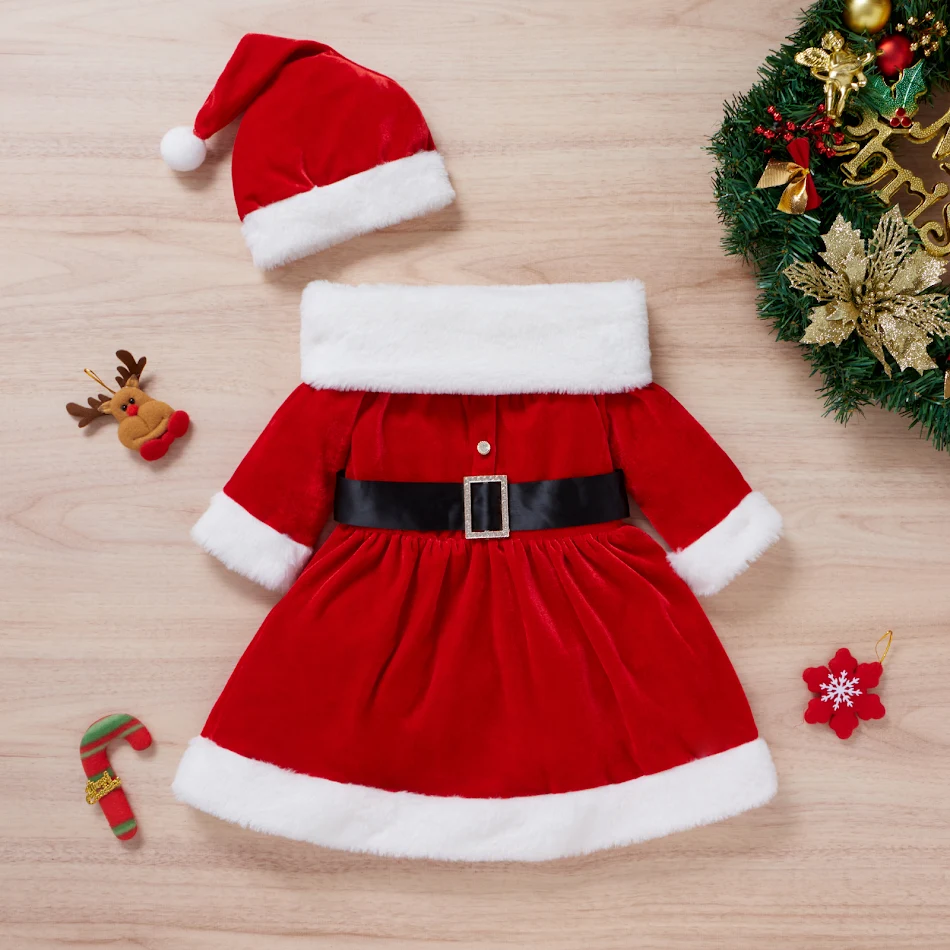 Vestido Rojo de Navidad para Bebé Otoño con Gorro Conjunto Festivo Ideal para Celebraciones Navideñas y Fotos Memorables