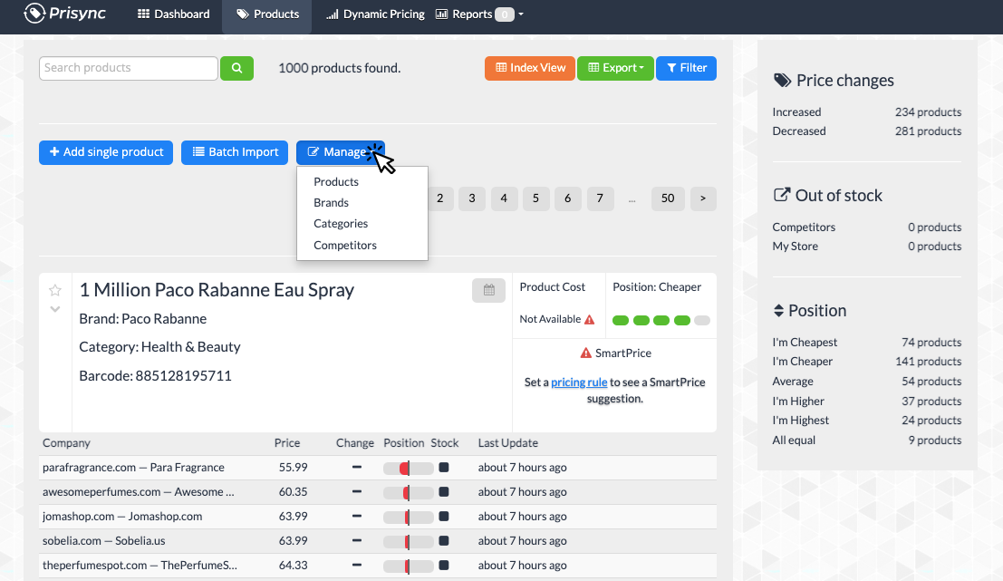 data management on Prisync dashboard